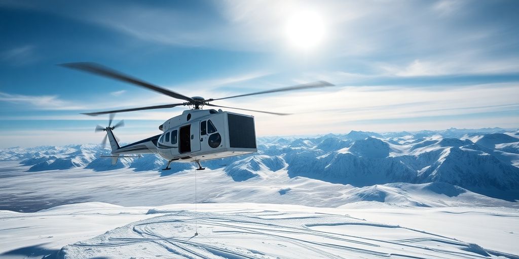 A helicopter lifts an HVAC unit over Alaskan mountains.