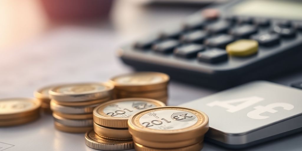 Calculatrice et pièces de monnaie sur un bureau.