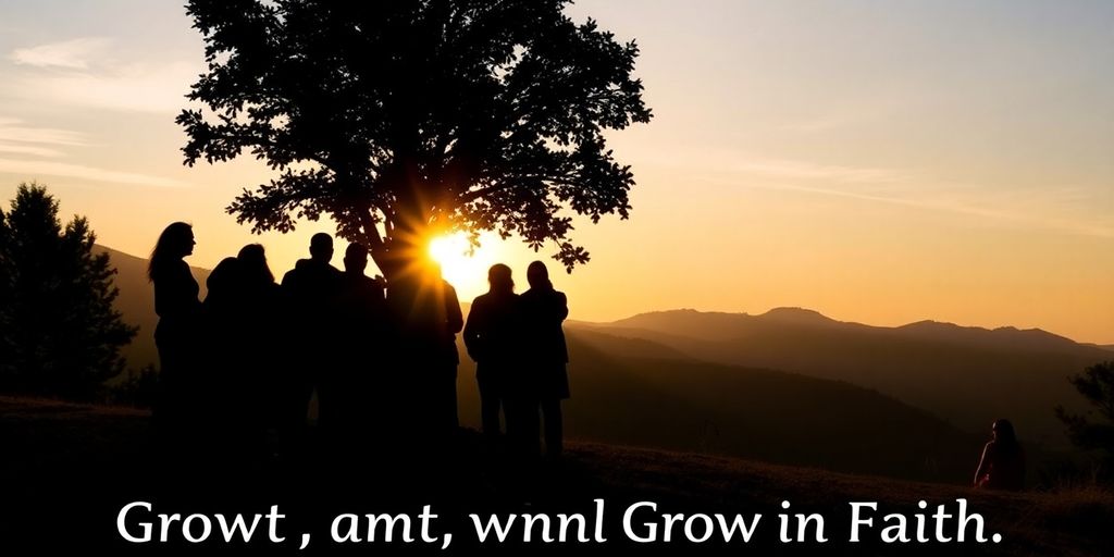 Silhouettes of people near a tree at sunset.