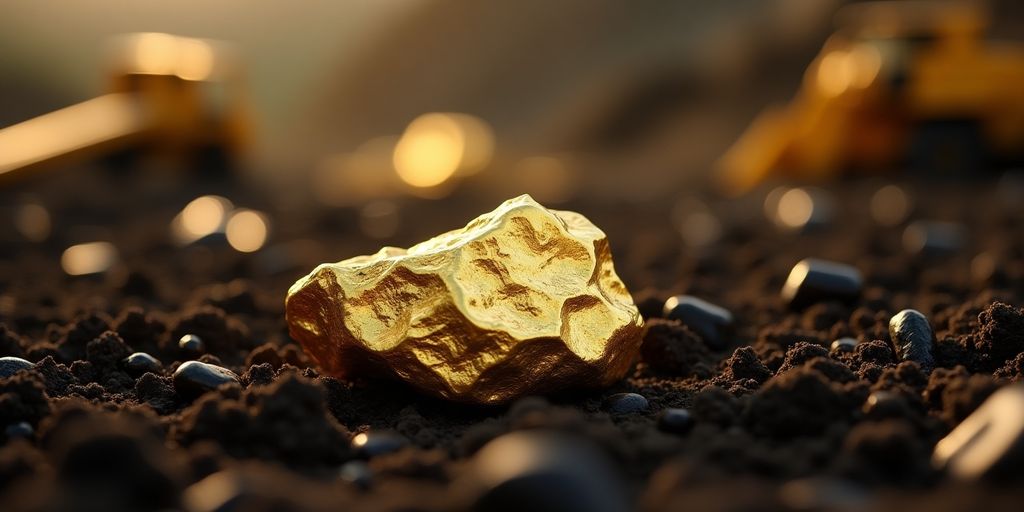 Pépite d'or sur un sol sombre avec un paysage flou.