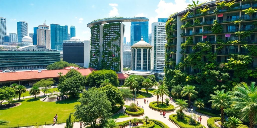 Singapore skyline with greenery and eco-friendly buildings.