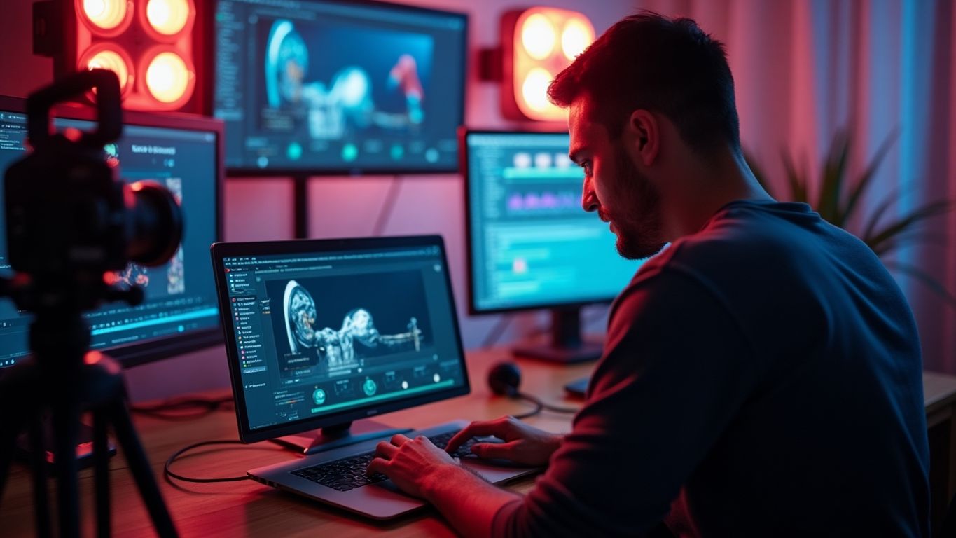 Filmmaker operating AI software in a modern workspace.
