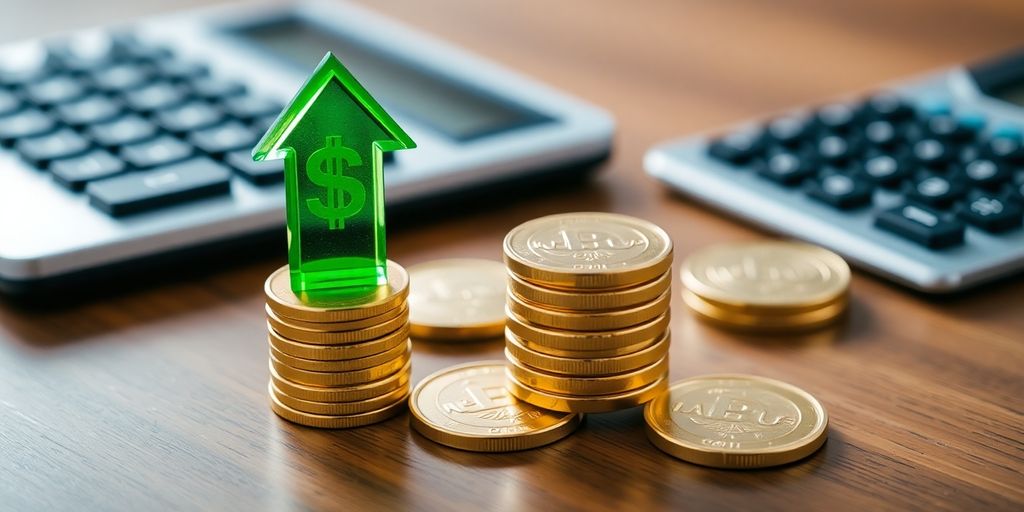 Calculator with coins and a rising arrow.