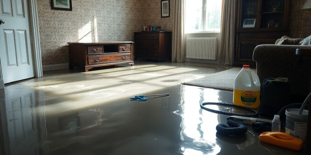 Flooded room with water damage and cleaning supplies.