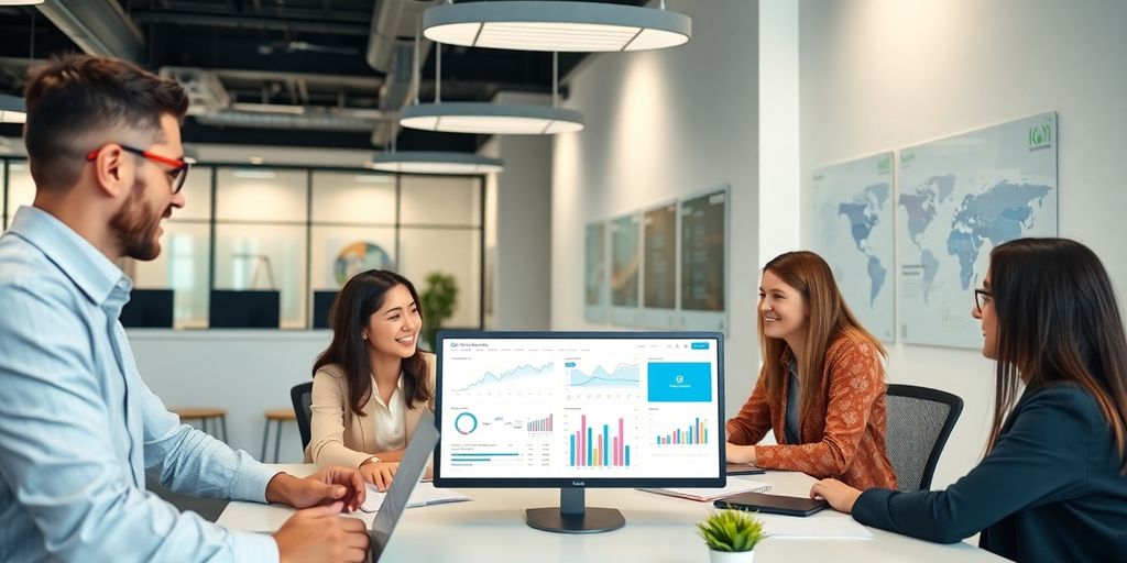 Profissionais de marketing digital em ambiente moderno.