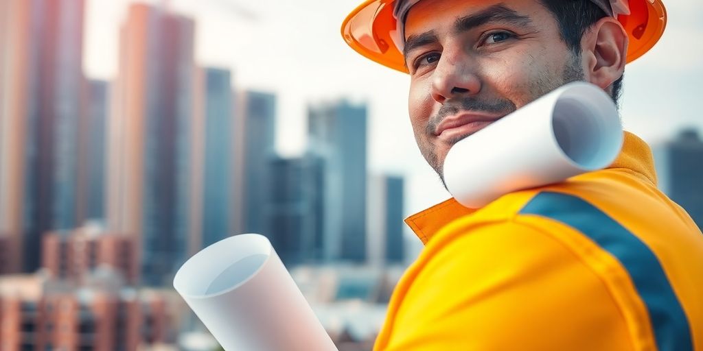 Construction worker, hard hat, blueprint, city background