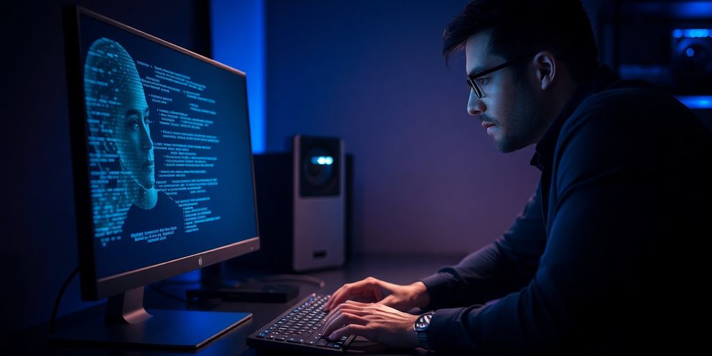Analista de segurança olhando para rosto parcialmente pixelado em monitor