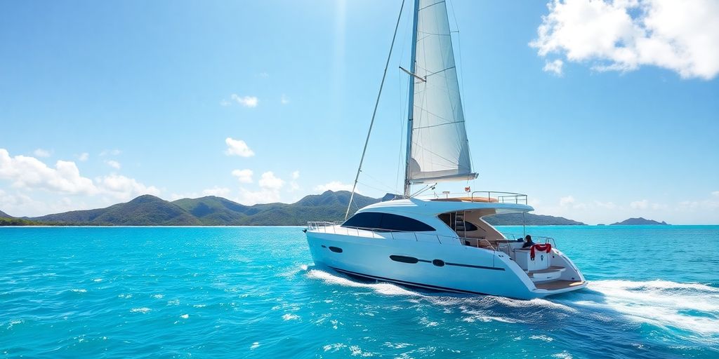 Yacht sailing Caribbean waters near Antigua and Barbuda.