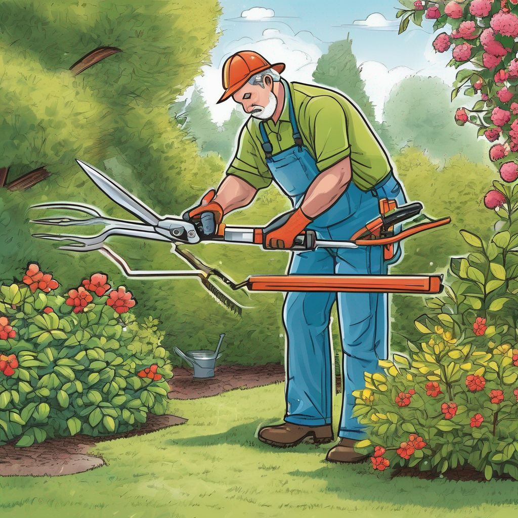 gardener pruning shrub in garden with advanced tools