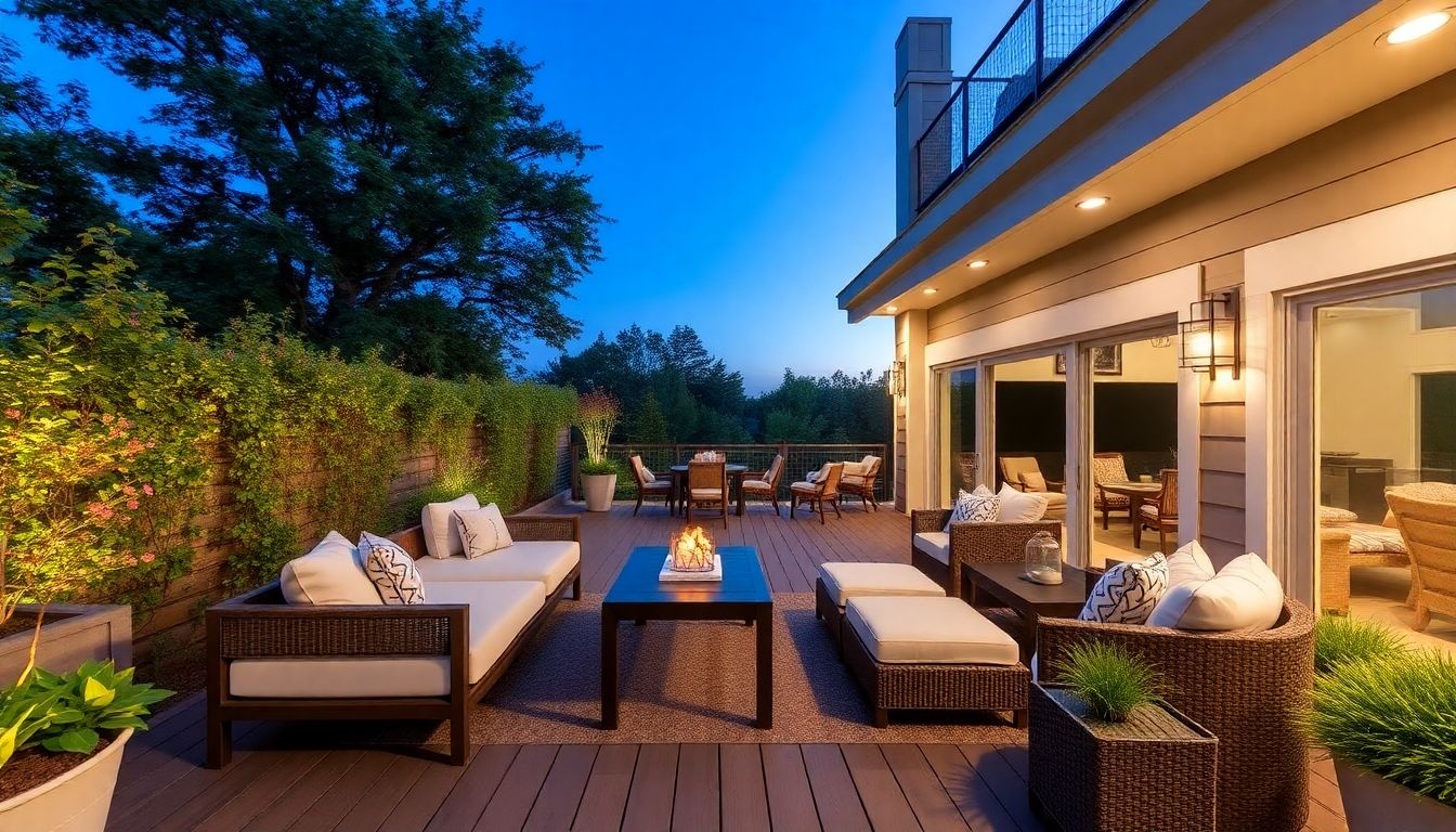 Beautiful outdoor deck with stylish furniture and greenery.