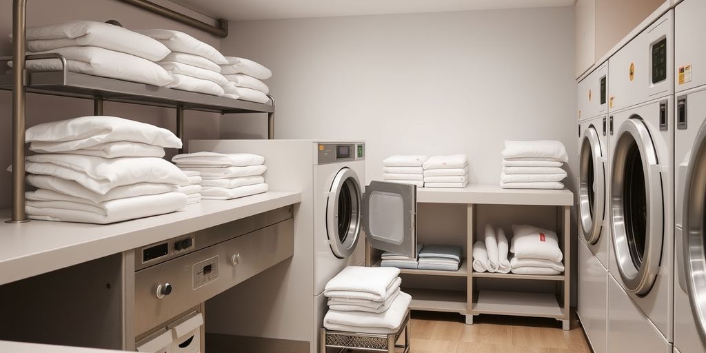 Hotel laundry room with industrial machines.