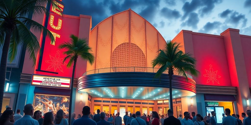 Aventura movie theater with vibrant crowd and lights.