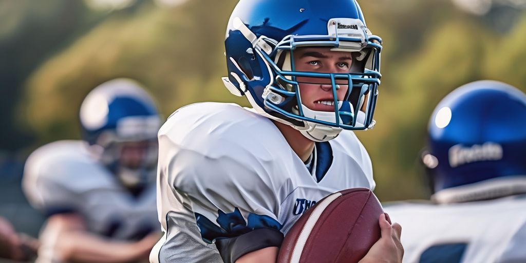 high school football player in action on the field