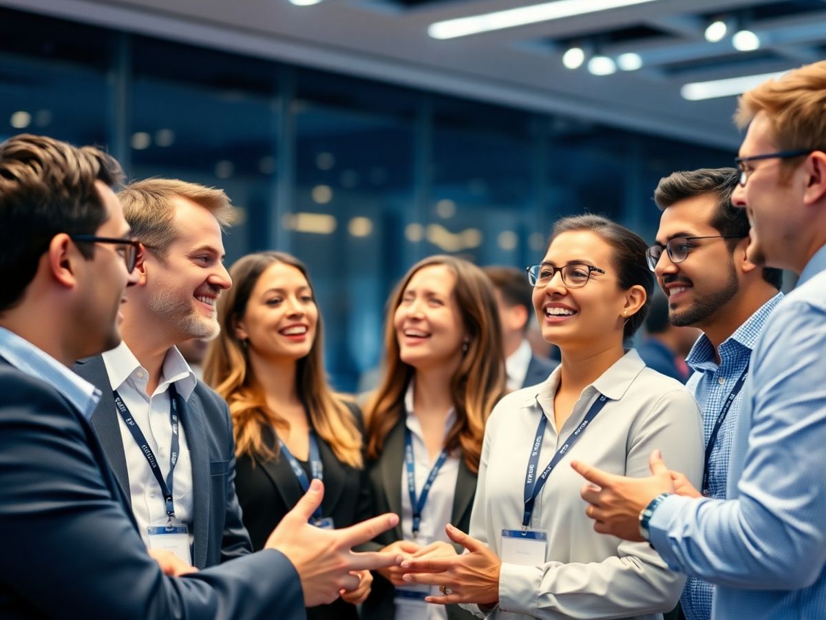 Diverse group in professional attire discussing fintech