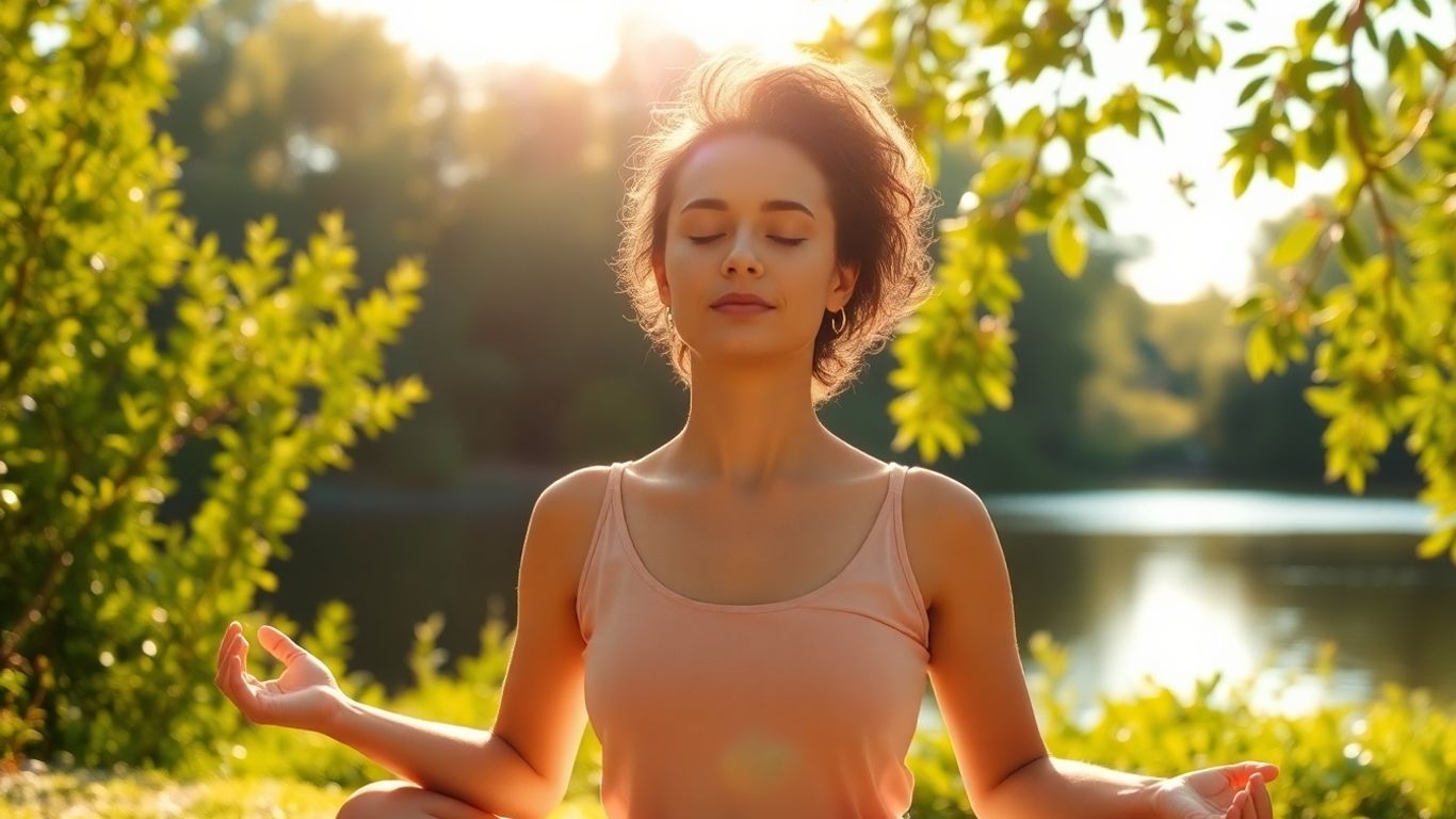 Person meditating peacefully outdoors with serene natural elements.