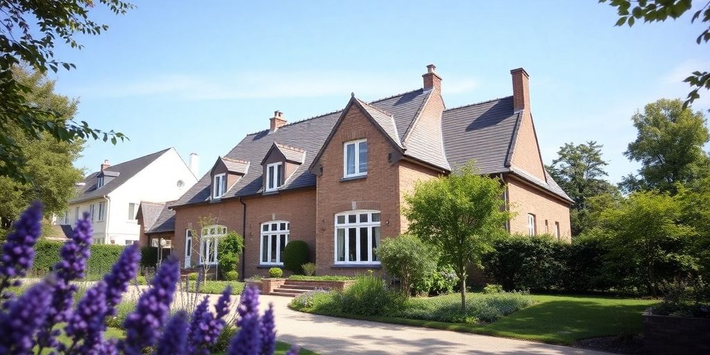 Prachtig Belgisch huis met groene tuin en blauwe lucht.