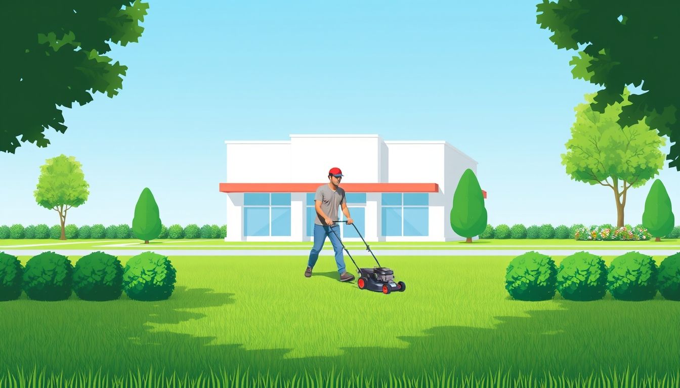 Professional gardener mowing a commercial lawn