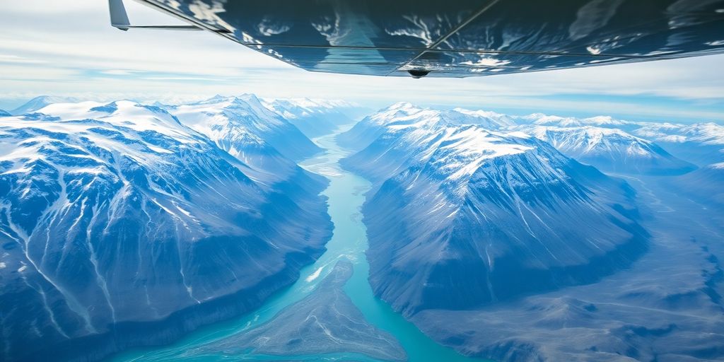 A small plane flies over a vast Alaskan mountain canyon.