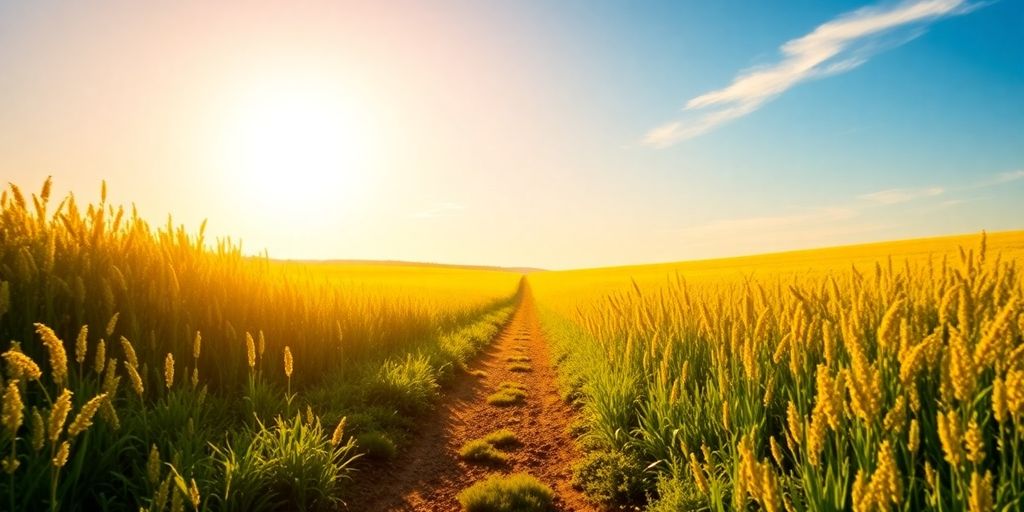 A lush landscape with golden fields and a bright sky.