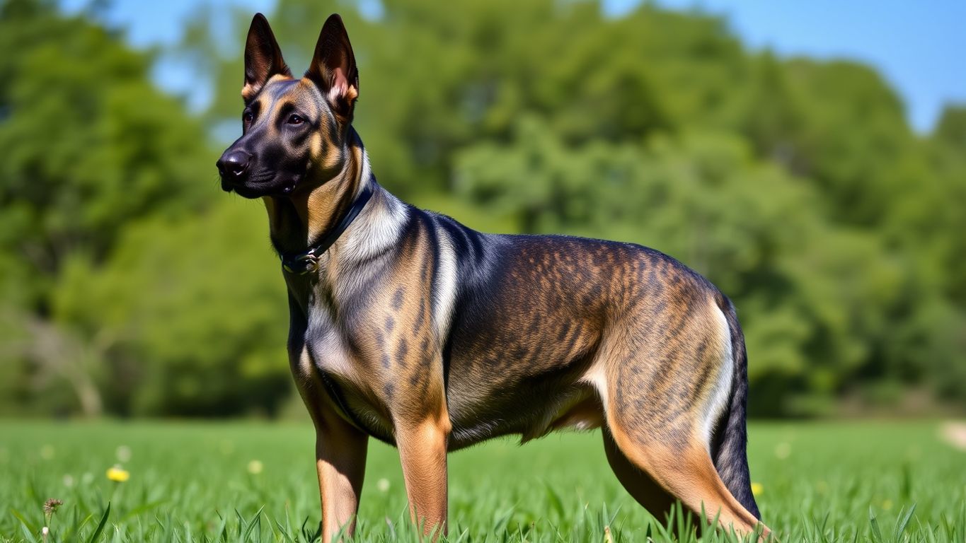 Dutch Shepherd in a green field with blue sky.