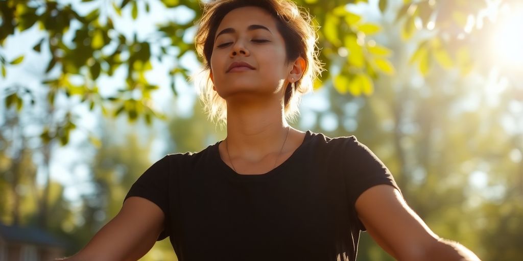 Person peacefully taking deep breaths outdoors.