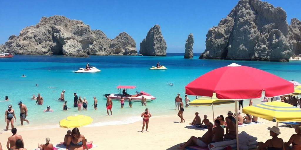 Actividades en la playa en Cabo San Lucas con aguas turquesas.