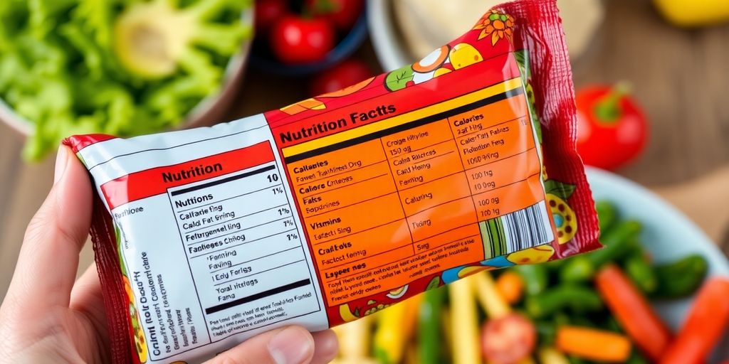 Hands inspecting a nutrition label on a food package.