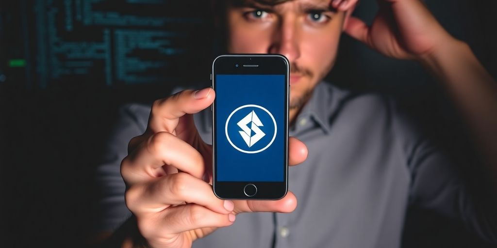 Concerned Canadian with smartphone displaying cryptocurrency logo.