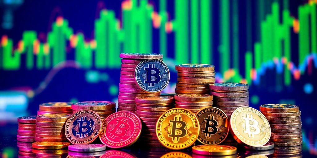 Colorful cryptocurrencies stacked on a digital background.