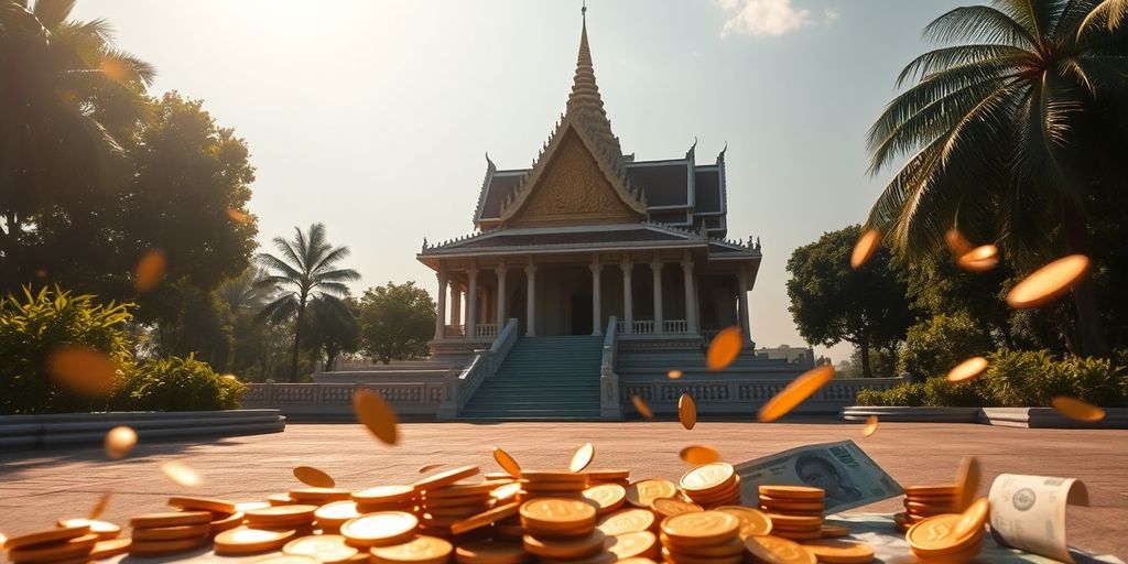 Thai temple alongside currency and coins.