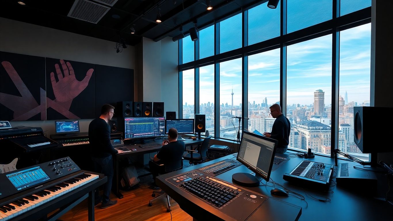 Musicians using AI tools in a modern studio setting.