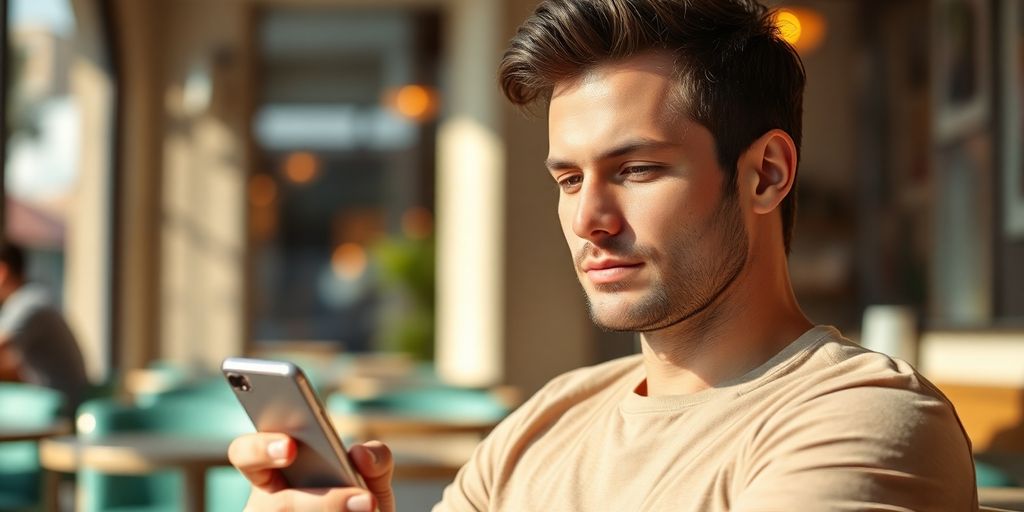 Man thoughtfully looking at phone in a cafe.
