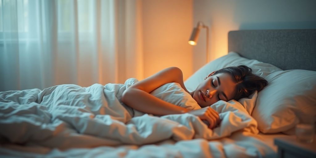 Peaceful bedroom, person sleeping soundly, warm light.