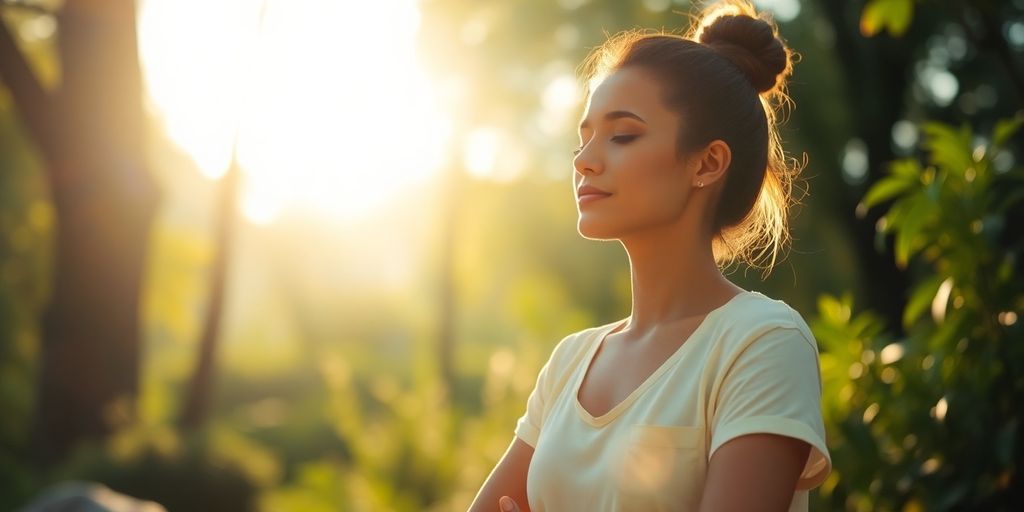 Person peacefully meditating outdoors.
