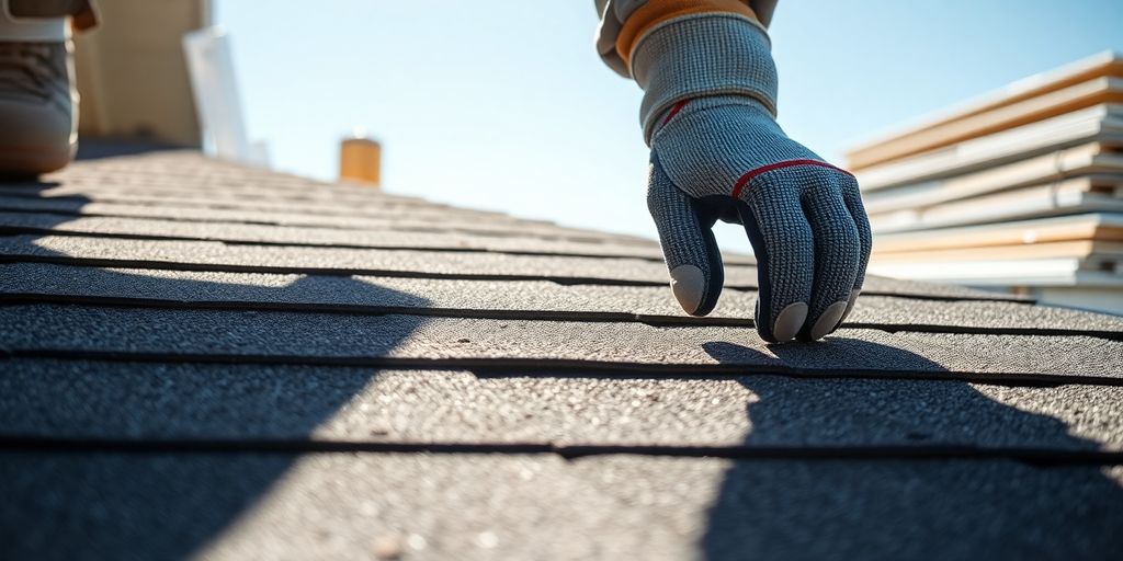 Roofer on ladder, inspecting roof
