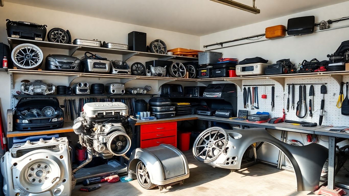 Subaru car parts organized in a workshop