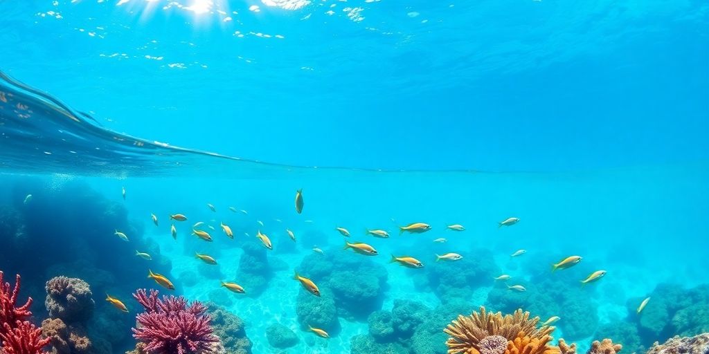 Vibrant coral reefs teeming with colorful fish in clear blue water.