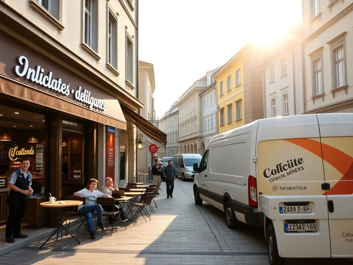 Angajat franquiză în uniformă servește cafea clientului pe strada mică.