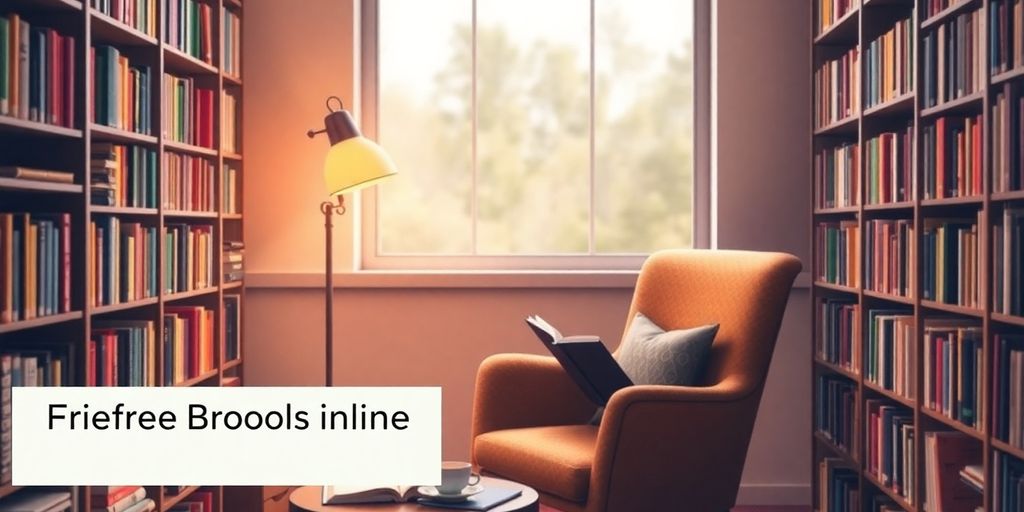 Cozy reading nook with books and warm lighting.