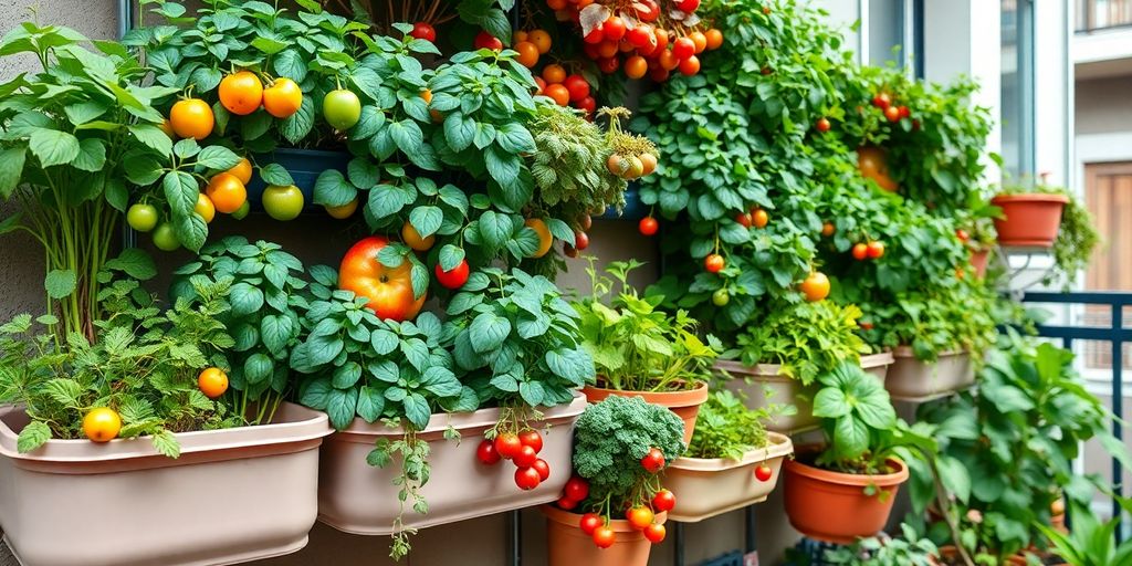 Vertikaler Balkongarten mit Obst und Gemüse.