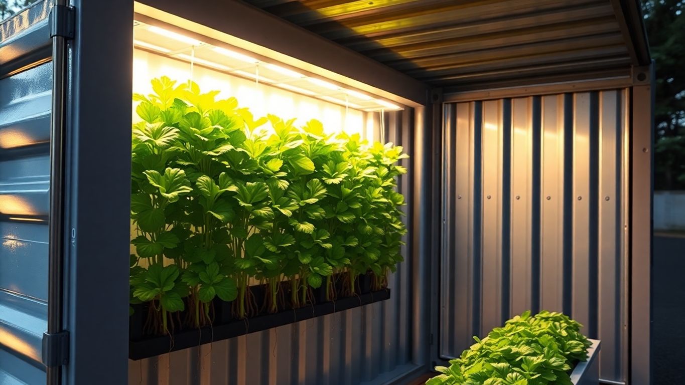 Hydroponic shipping container farm, green plants thriving.