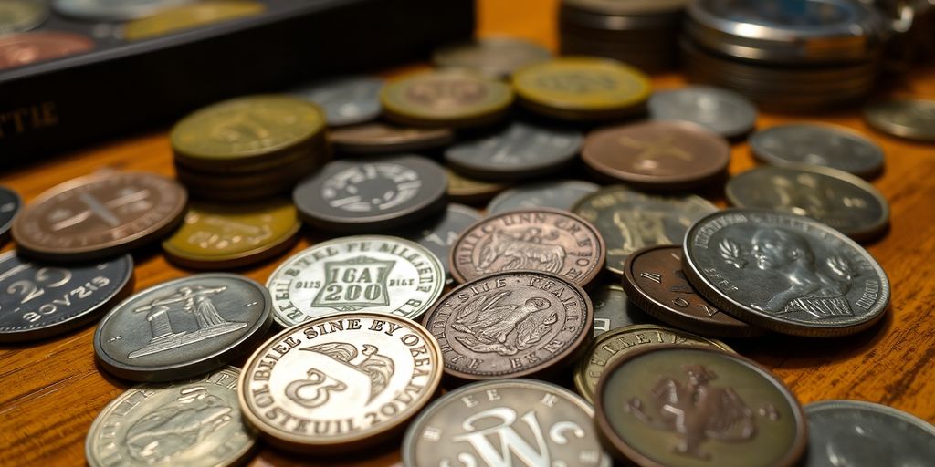 Pièces de monnaie anciennes sur une table en bois.