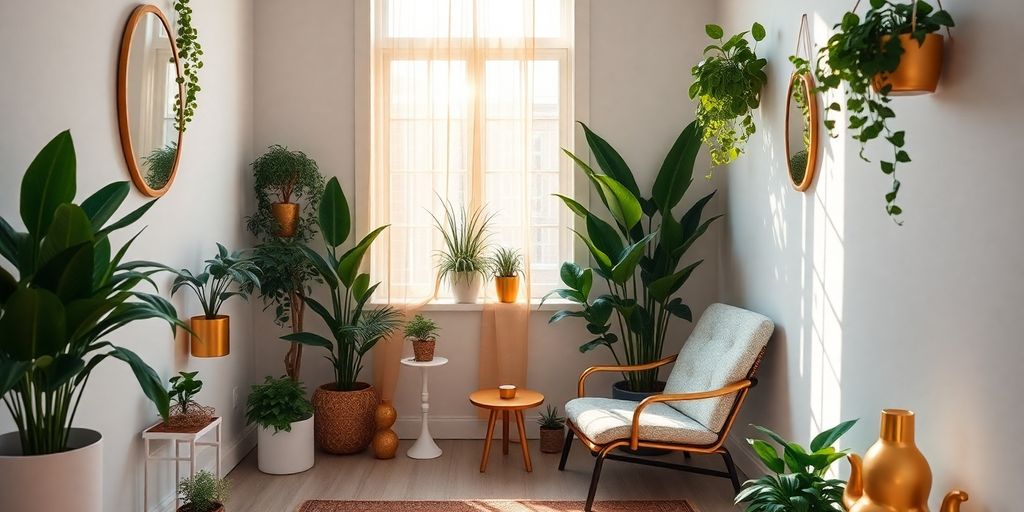 Cozy room with plants and warm lighting for abundance.