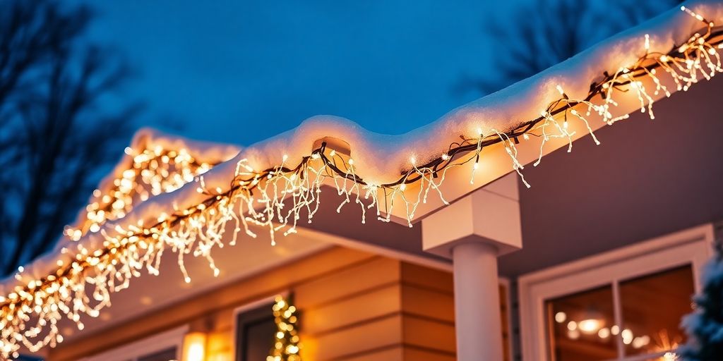 Christmas lights on a snowy house.