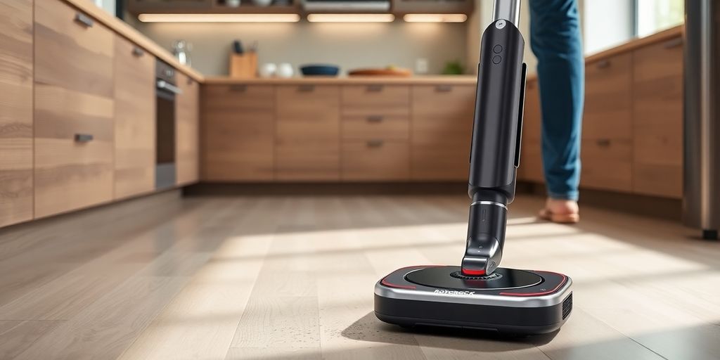 Roborock H5 Akku-Staubsauger auf einem Küchenboden.