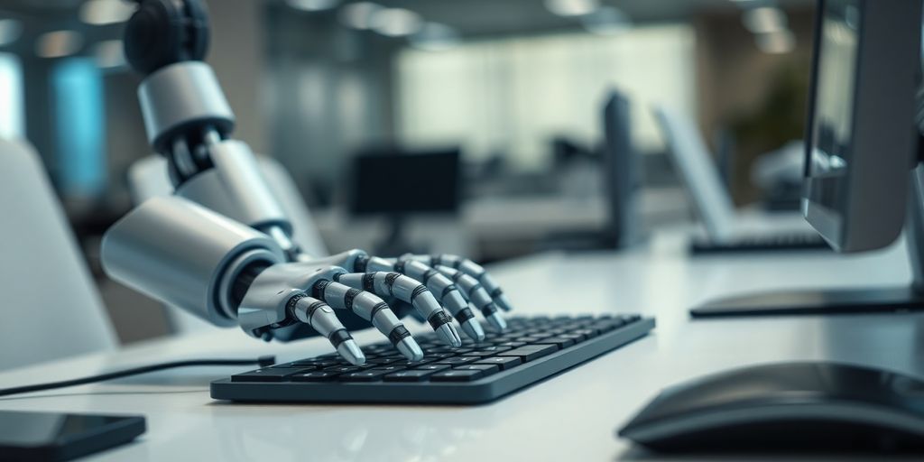 Robots working at computers