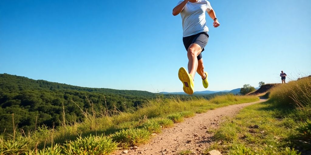 Runner training for a marathon on a scenic trail.