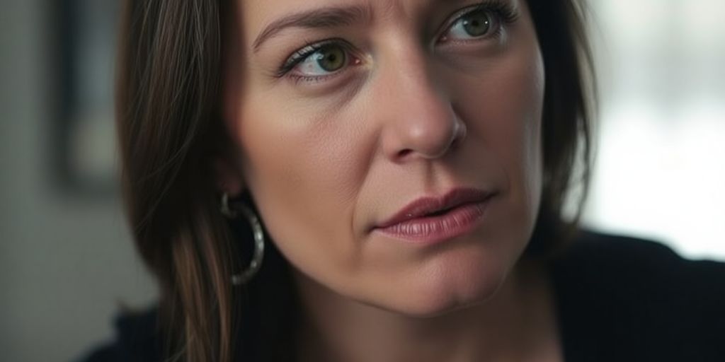 Woman with thoughtful expression, soft lighting.