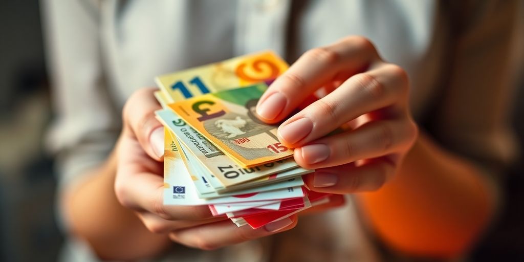 Femme souriante tenant des euros dans sa main