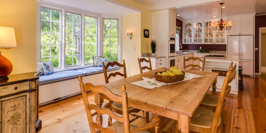rectangular brown wooden table with chairs set